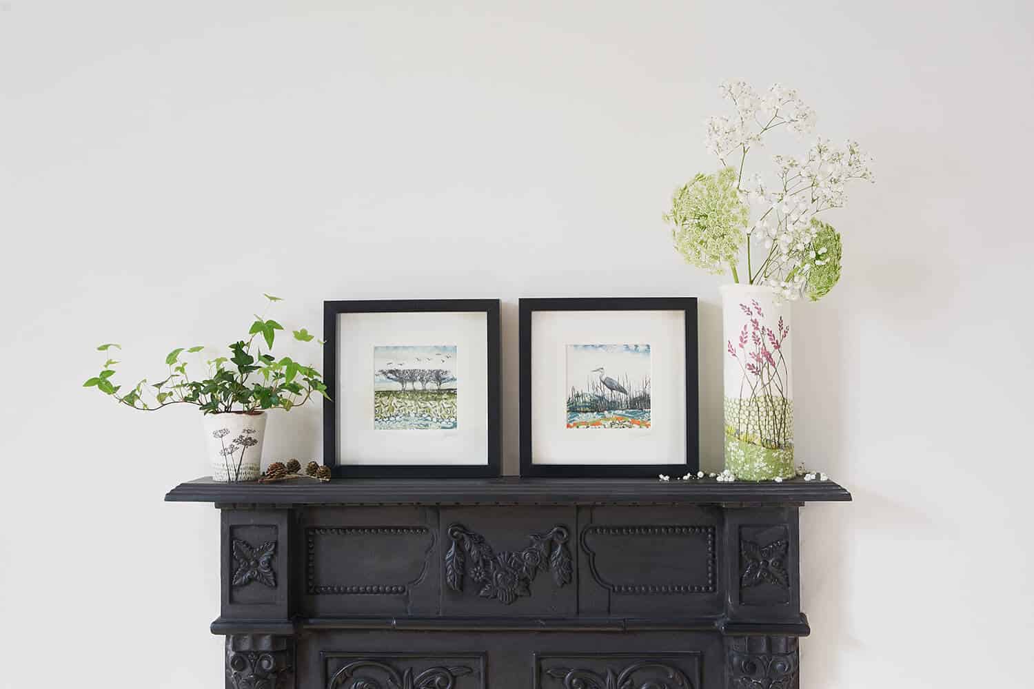 Lindsey Tyson textiles and prints shot on top of the studio's cast iron fireplace